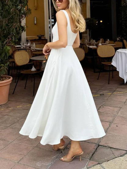Elegante Sling Vierkante Hals Grote Swing Midi Jurk
