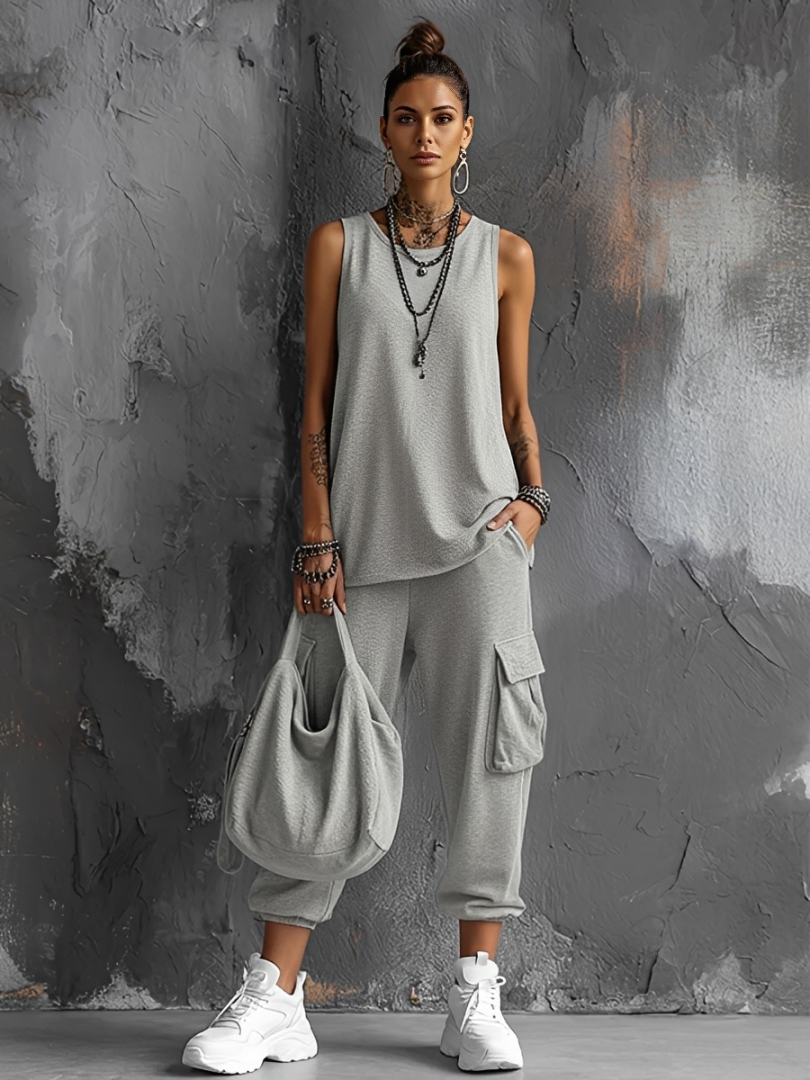 Dames Casual Stijl Donkergrijze Katoenmix Mouwloze Top + Jogger Cargo Broek Set MDZ2365D7GMJ