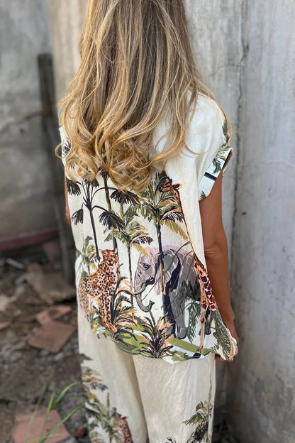 Unieke Jungle Print Elastische Taille Zak Brede Pantalon
