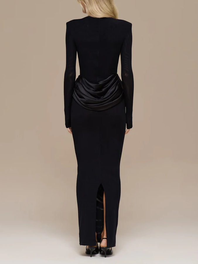 Elegante Plissé Lange Mouwen Slim-Fit Maxi Jurk