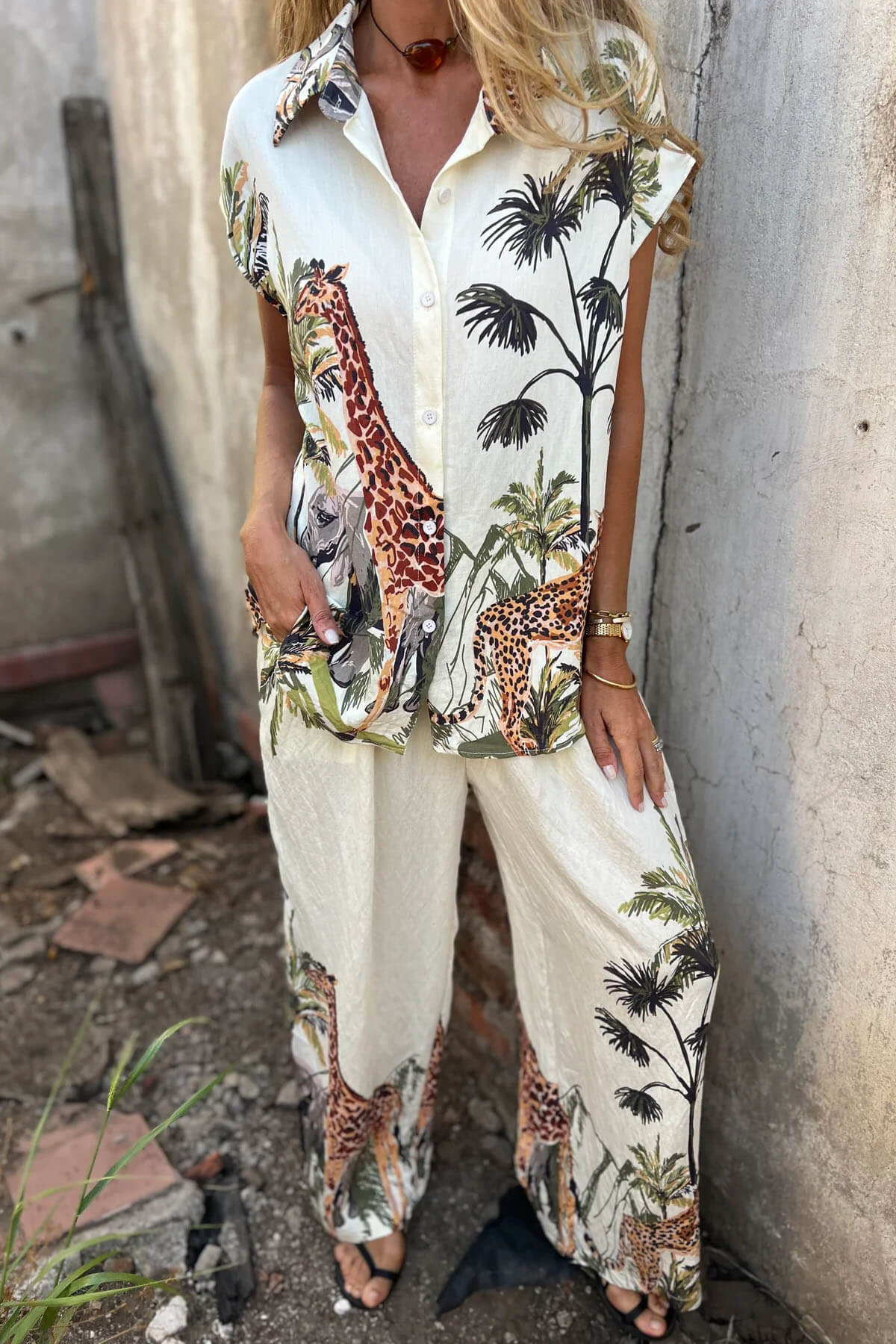 Unieke Jungle Print Elastische Taille Zak Brede Pantalon