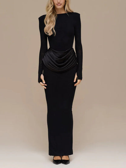 Elegante Plissé Lange Mouwen Slim-Fit Maxi Jurk