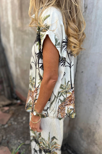 Unieke Jungle Print Elastische Taille Zak Brede Pantalon
