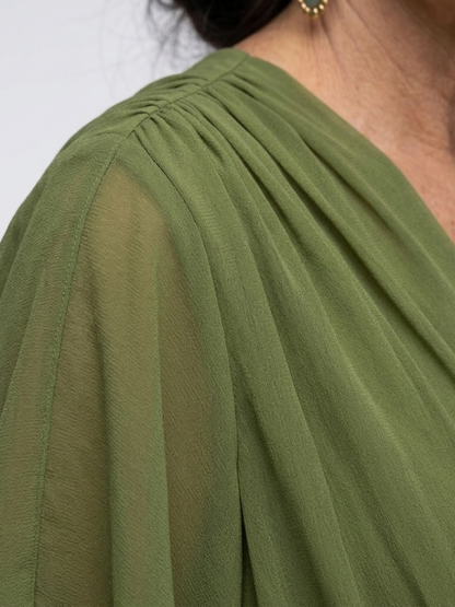 Elysia | Midi jurk met draping, V-hals en tailleband