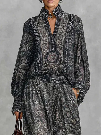 Retro Paisley Print Shirt Twee-delige Set