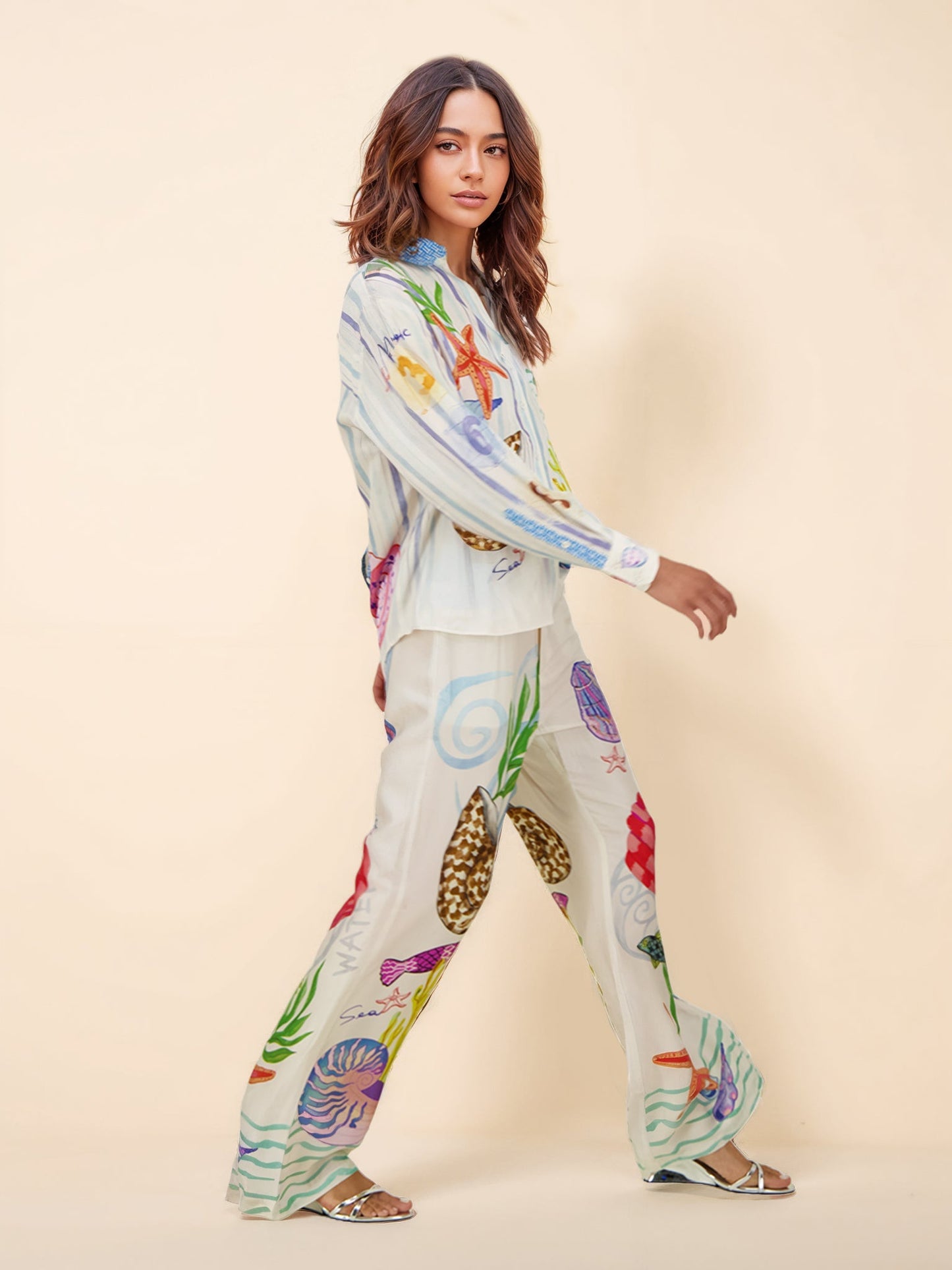 Ocean Theme Print Lange Mouw Colbert