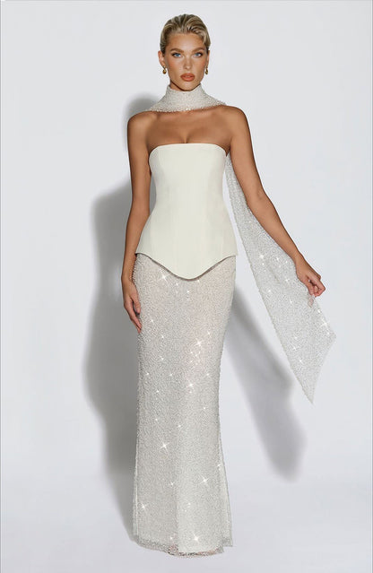 Elegante Strapless Pailletten Rok En Sjaal Twee-Delige Set