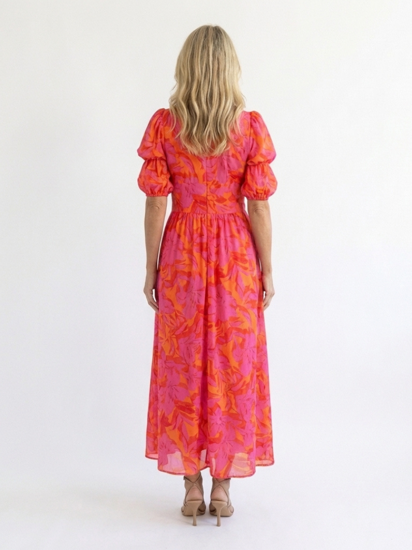 Wilg | Midi-jurk met V-hals en bloemenpatroon met pofmouwen