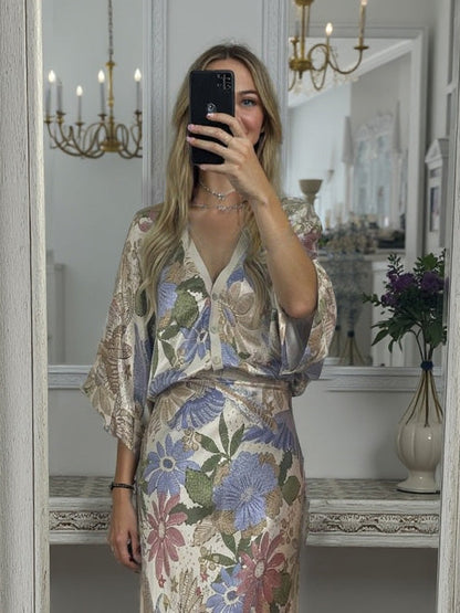 Exquise Satijnen Print Shirt en Vissenstaart Rok Set