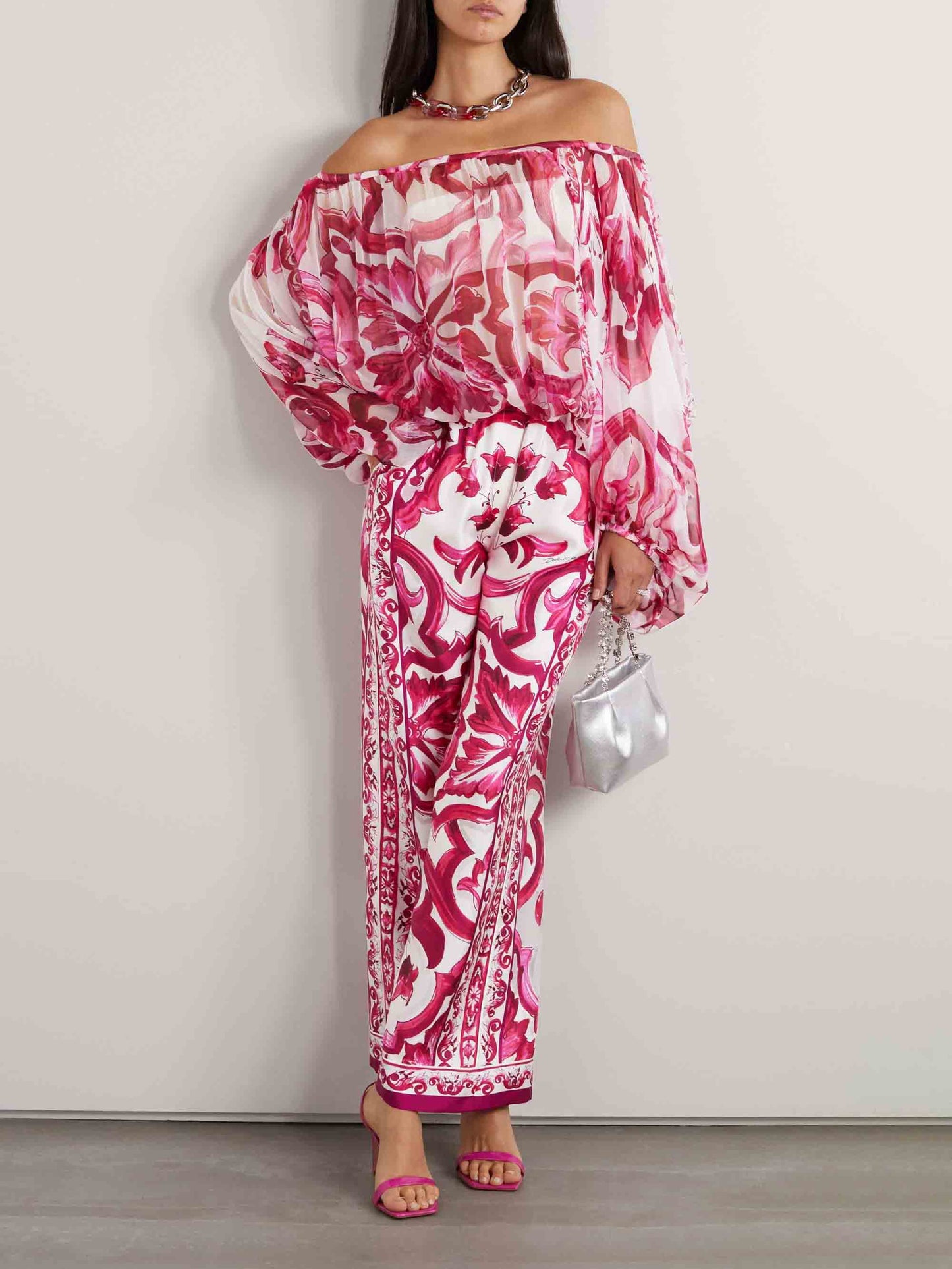 Elegante Barokke Bloemenprint Off-Shoulder Chiffon Twee-Delige Set