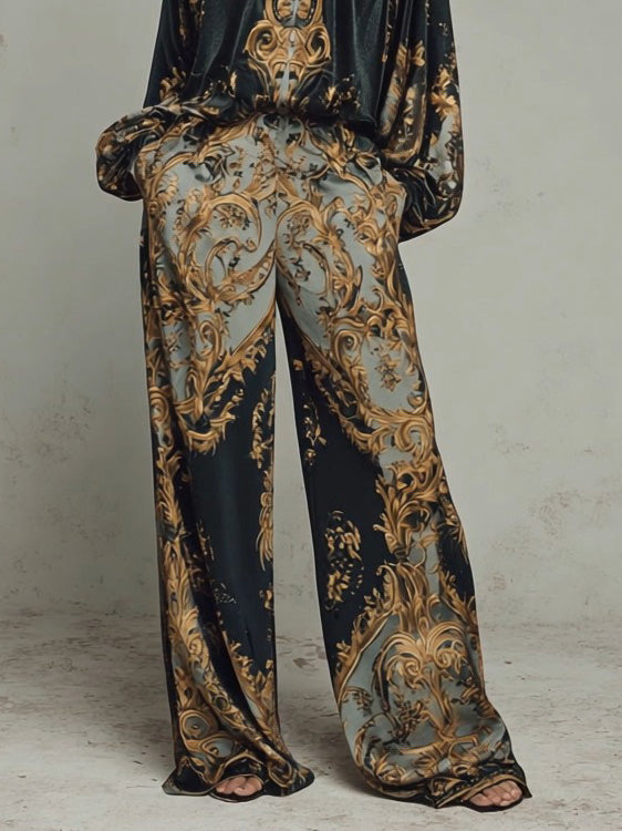 Retro Barok Print Diepe V-Hals Relaxed Fit Blouse