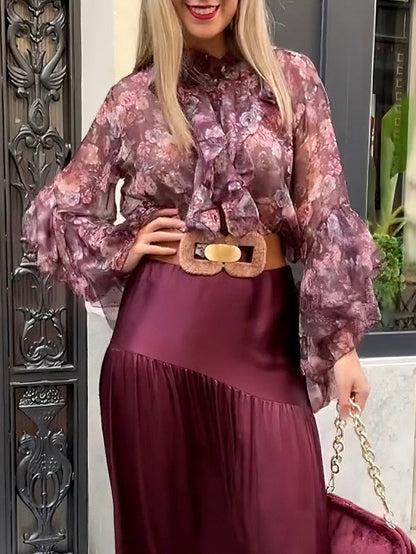 Elegante Bloemige Rimpel Chiffon Shirt En Rok Twee-delige Set