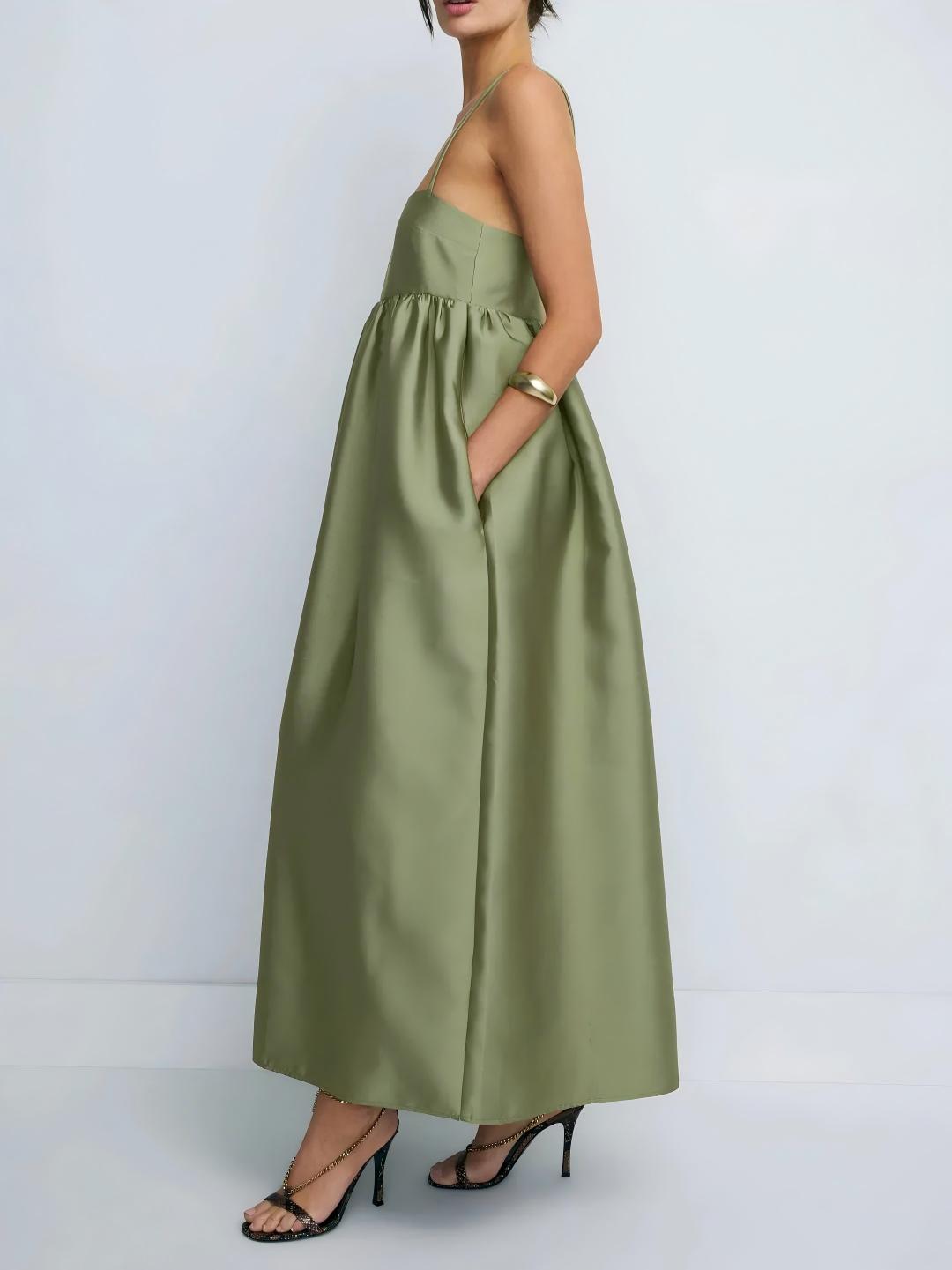Minimalistische Olijfgroene Babydoll Maxi Jurk