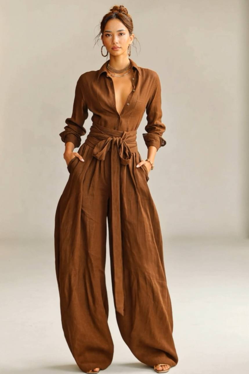 Minimalistische Shirt En Vetersluiting Wijde Broek Set