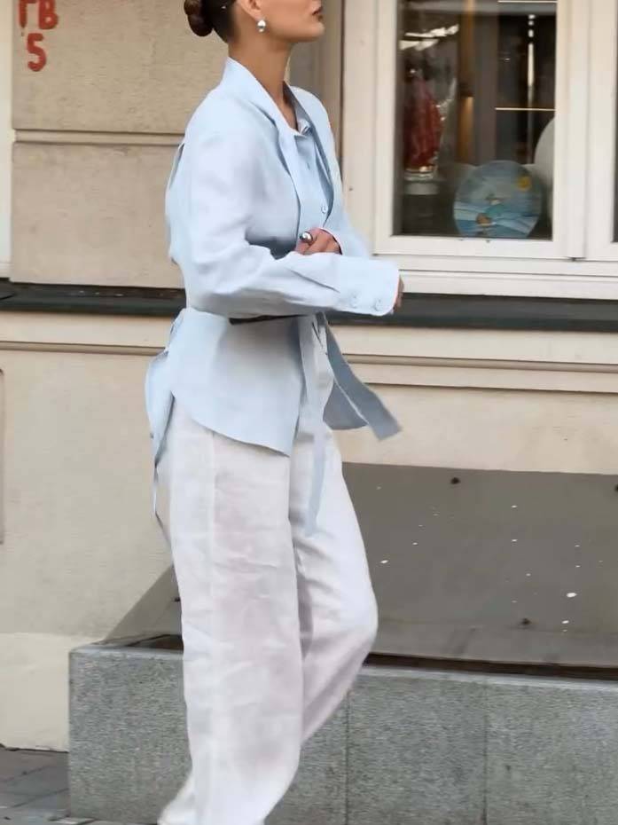 Minimalistische Staande Kraag Riem Rug Lace-up Shirt en Brede Pantalon Set-Shirt