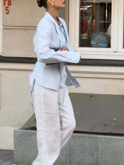 Minimalistische Staande Kraag Riem Rug Lace-up Shirt en Brede Pantalon Set-Shirt