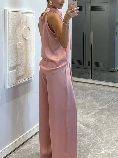 Elegante Halter Nek Swing Kraag Top En Brede Pantalon Set-Top