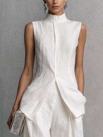 Elegante Witte Katoenlinnen Mouwloze Top en Brede Pantalon Set MDZ0221B1BA