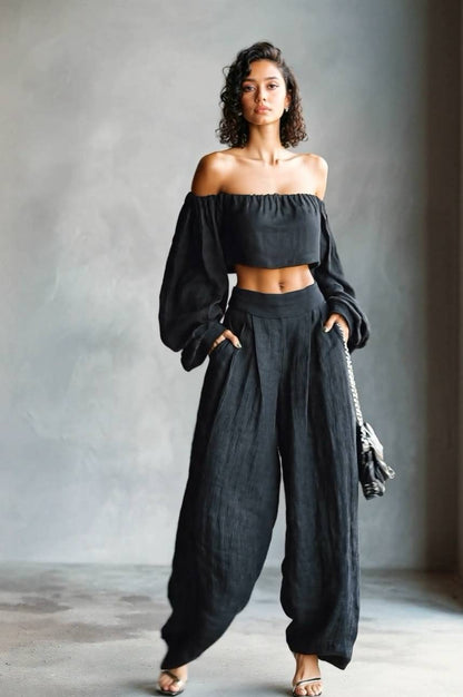 Off-Shoulder Korte Top En Brede Pantalon Set