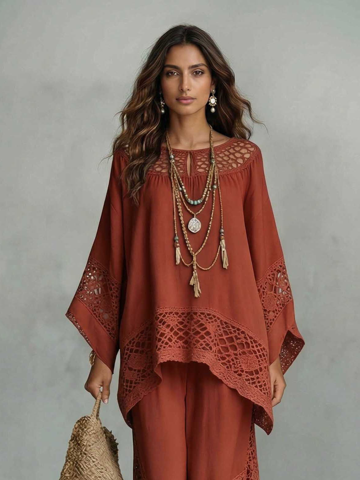 Casual Gehaakt Kant Los Kaftan Top Twee-Delige Set