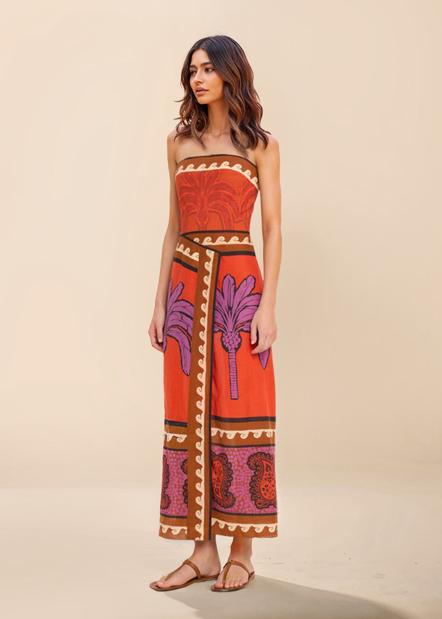 Unieke Palmboom Bloemen Off-Shoulder Midi Jurk