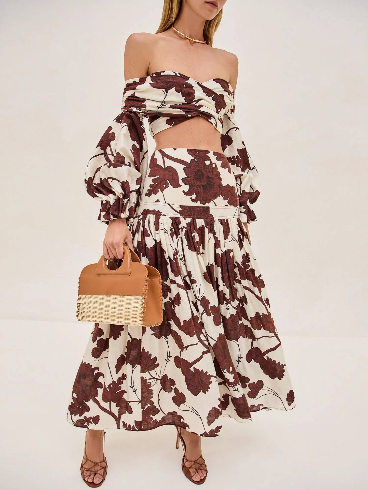 Geprinte Off-shoulder Top En Rok Set