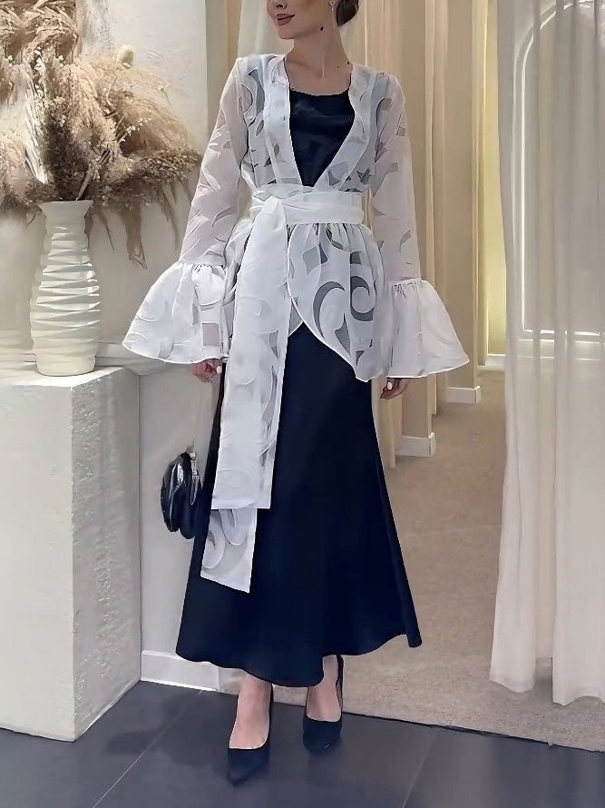 Elegante Gerimpelde Organza Cardigan & Zwarte Maxi Jurk Twee-Delige Set
