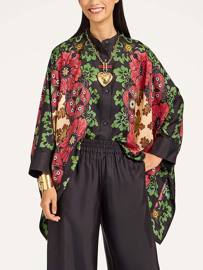 Exquisite Satin Floral Print Kimono Shirt Twee-Delige Set