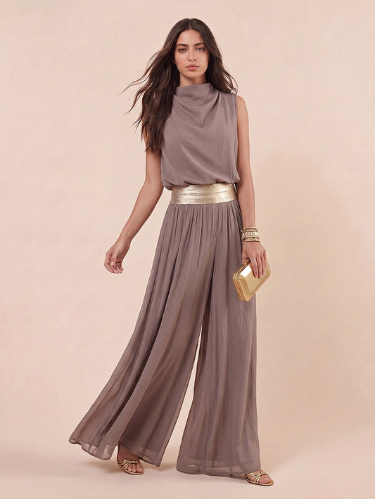 Casual Mouwloos Top & Gouden Riem Vloeiende Wijde Broek Twee-Delige Set