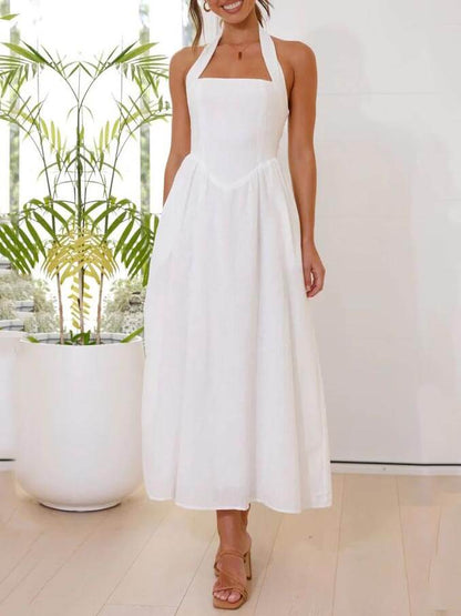 Halter Nek Taille Kleine Zwarte Jurk Midi Lengte Jurk