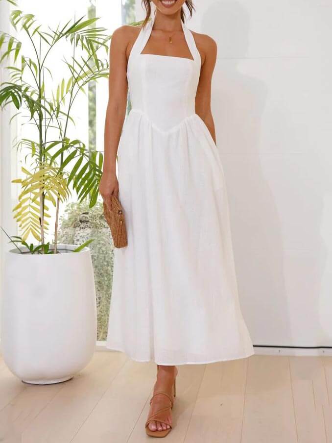 Halter Nek Taille Kleine Zwarte Jurk Midi Lengte Jurk