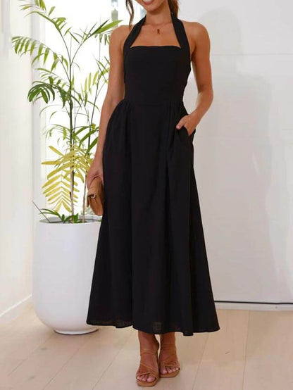Halter Nek Taille Kleine Zwarte Jurk Midi Lengte Jurk