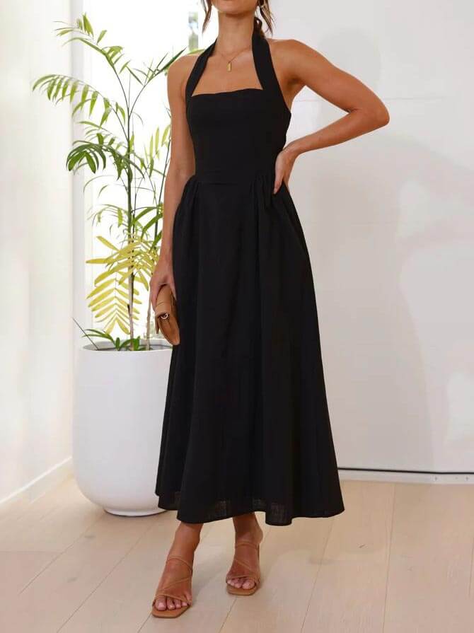 Halter Nek Taille Kleine Zwarte Jurk Midi Lengte Jurk