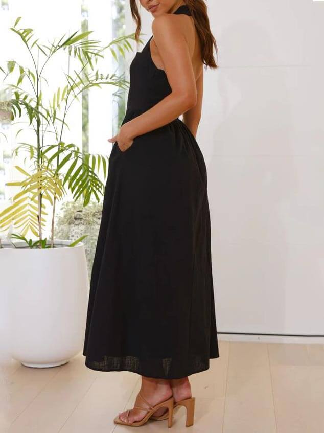 Halter Nek Taille Kleine Zwarte Jurk Midi Lengte Jurk