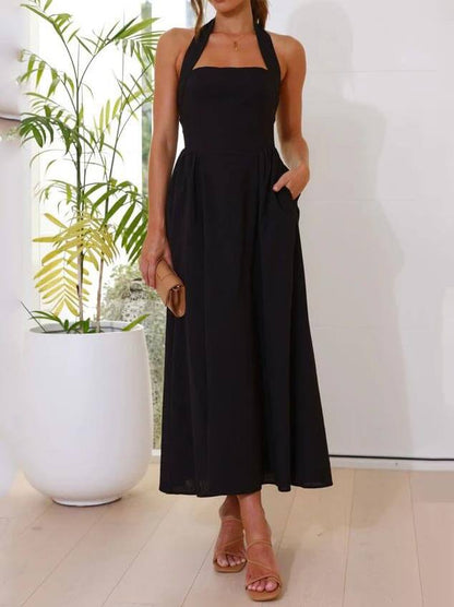 Halter Nek Taille Kleine Zwarte Jurk Midi Lengte Jurk