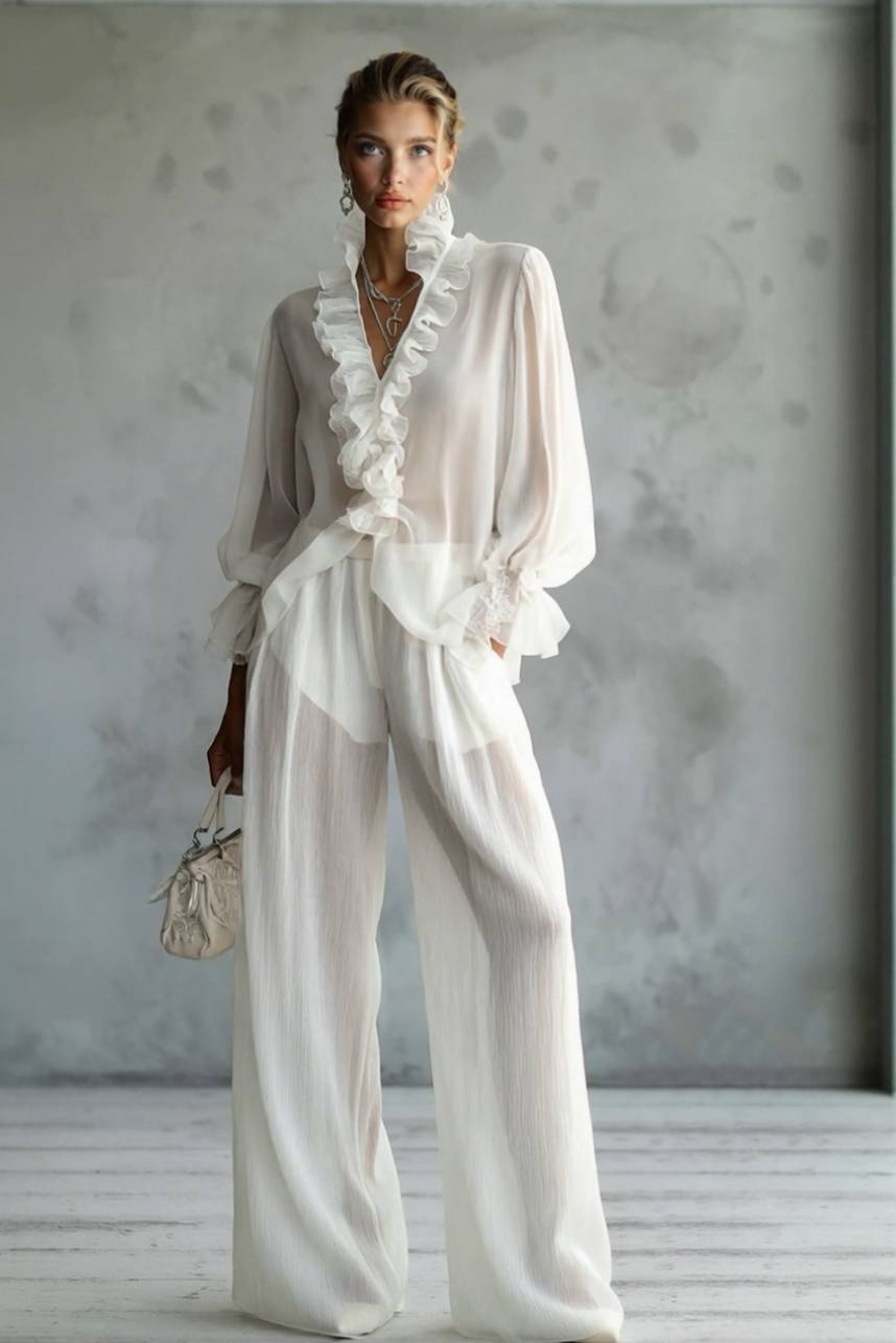 Kanten Lange Mouwen Shirt En Wijde Pantalon Set