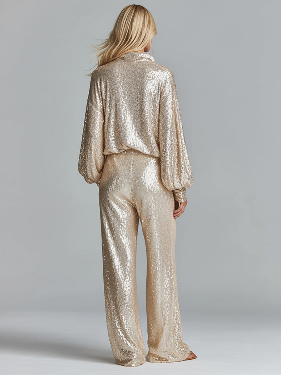 Dames Gouden Glamoureuze Pailletten Kraag Halve Rits Brede Pijp Loungewear Feestset MDA2425I0I