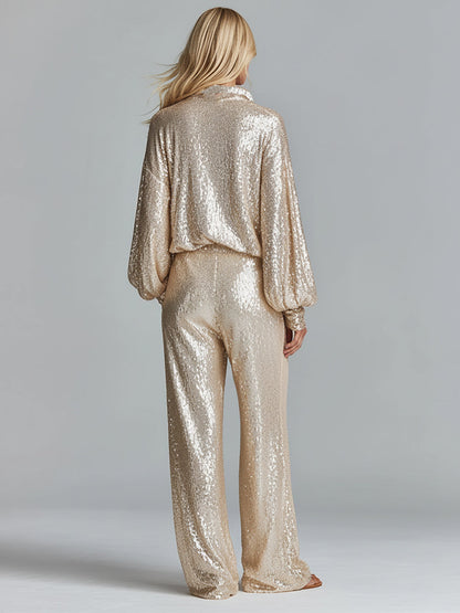 Dames Gouden Glamoureuze Pailletten Kraag Halve Rits Brede Pijp Loungewear Feestset MDA2425I0I