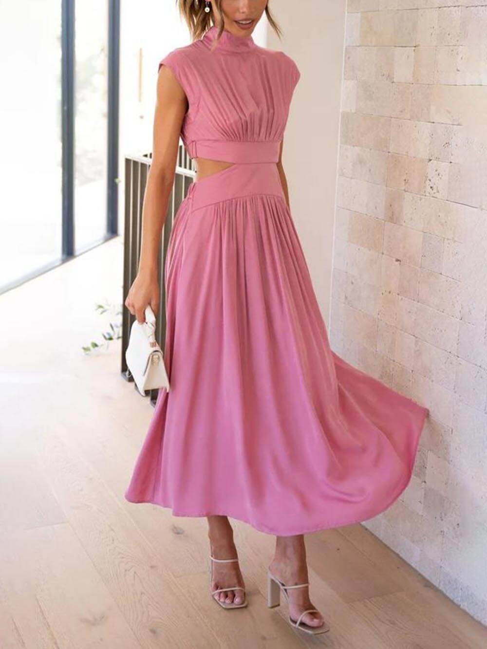Cut-out Taille Pocketed Vakantie Midi Jurk