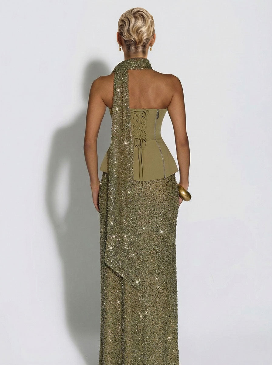 Elegante Strapless Pailletten Rok En Sjaal Twee-Delige Set