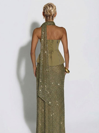 Elegante Strapless Pailletten Rok En Sjaal Twee-Delige Set