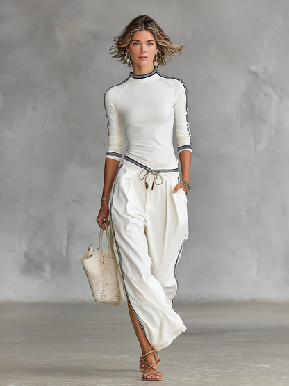 Dames Sport Half-high-neck Lange Mouwen T-shirt Met Touwtjes Wijd-Pantalon Twee-delige Set MDA2569G9Y