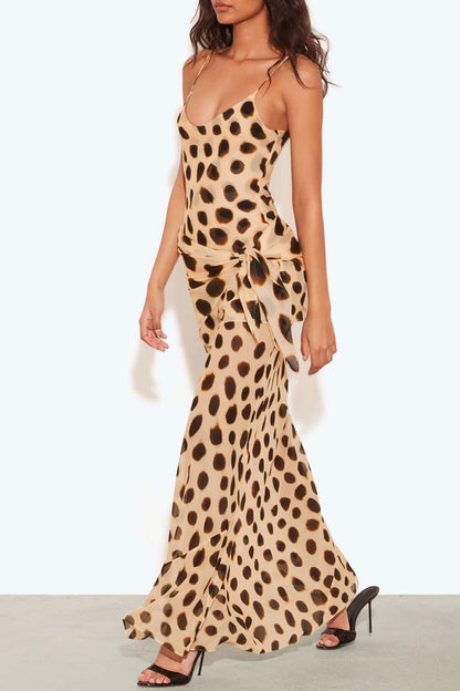 Ozias Leopard Polka Dot Patroon Scoop Neck Verwijderbare Sjaal Detail Slip Maxi Jurk