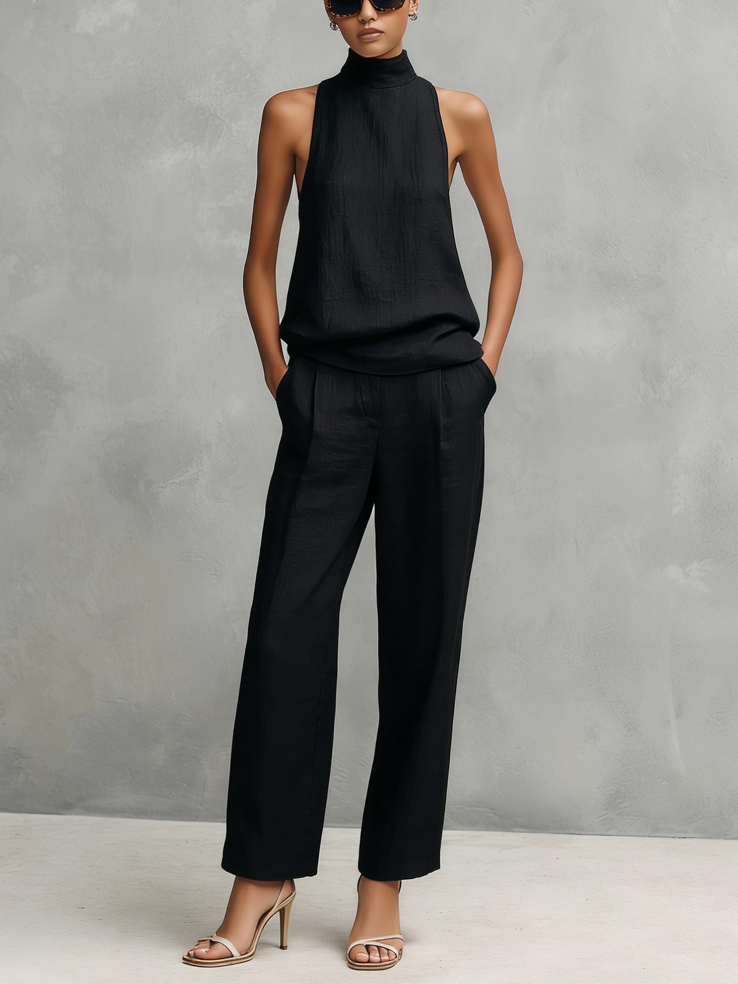 Dames Elegante Zwarte Katoenen en Linnen Ronde Hals Mouwloze Top en Broek Set MDZ1441A4AN