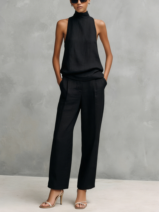 Dames Elegante Zwarte Katoenen en Linnen Ronde Hals Mouwloze Top en Broek Set MDZ1441A4AN