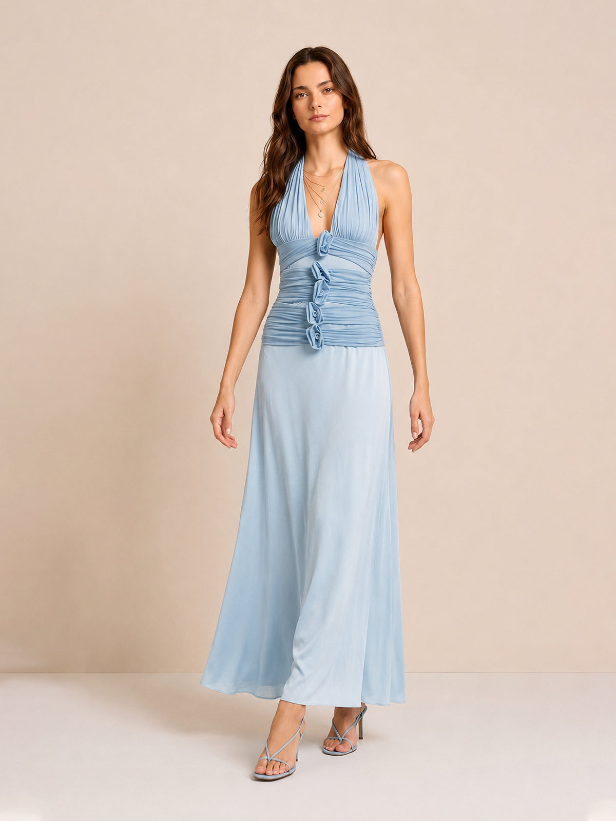 3D-bloemenprint halter maxi-jurk