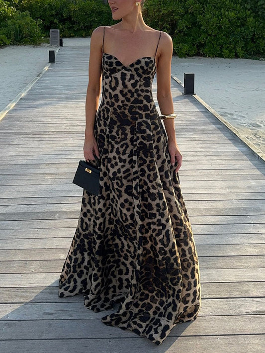 Elegante Statement Strappy Luipaardprint Maxi Jurk