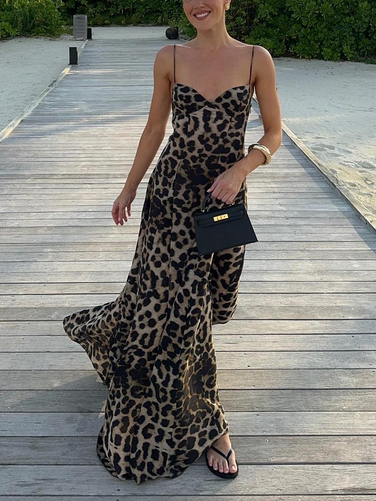 Elegante Statement Strappy Luipaardprint Maxi Jurk