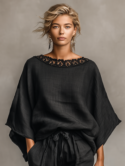 Vrouwen Minimalistische Linnenmix Kanten Bootnek Blouse en Shorts Set MDZ1635A9Y