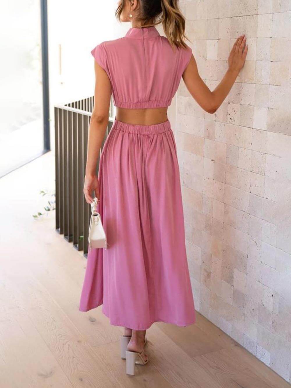 Cut-out Taille Pocketed Vakantie Midi Jurk